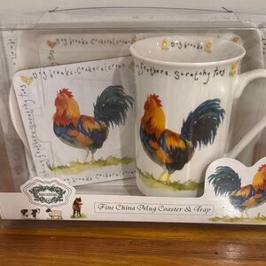 Kent Pottery Fine China Rooster/Chicken Mug Coaster & Tray Gift Set